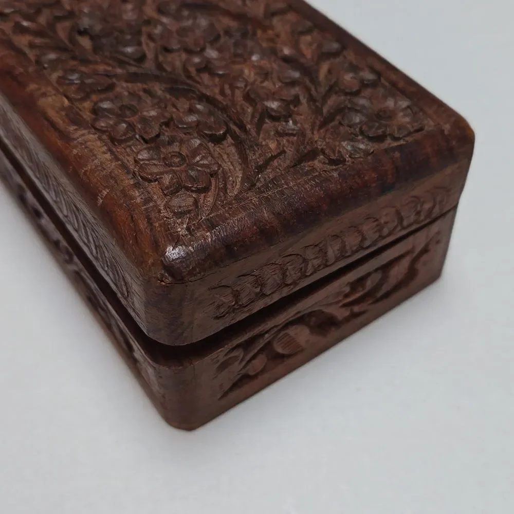 VTG Hand Carved Wooden Floral Trinket Box Blue Velvet Lined Keepsake